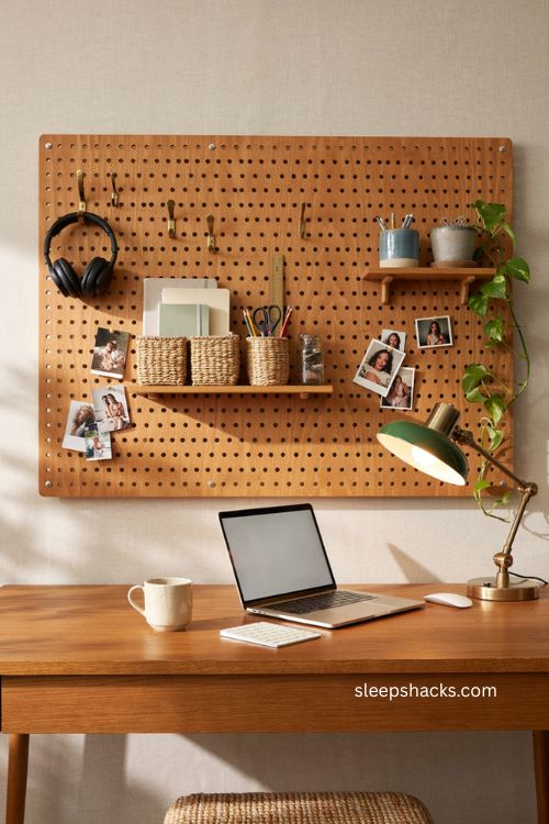 Small home office setup with pegboard wall storage and organized desk 