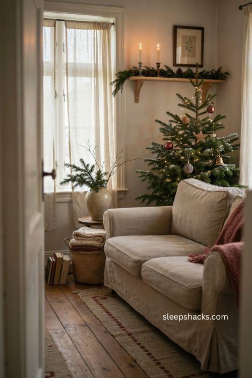 Small living room Christmas decor ideas with a cozy curated holiday tree and vintage details 