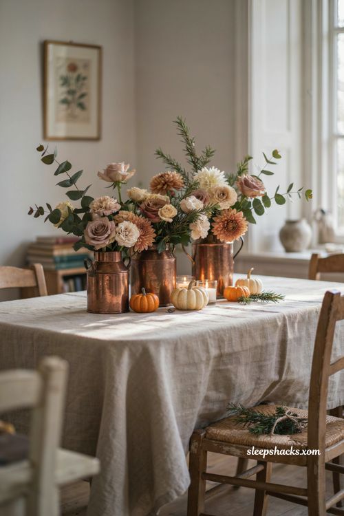 Small living room Christmas decor ideas with copper canisters and seasonal florals