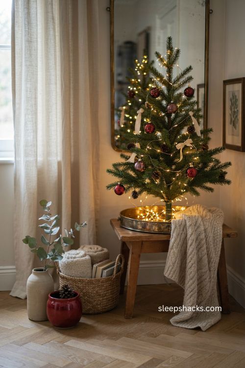 Small living room Christmas tree with mirror reflection and warm sparkling lights 