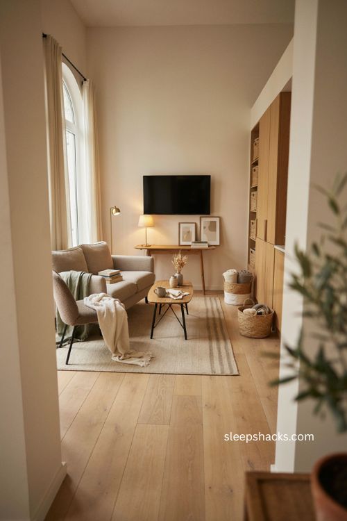 Small living room decor with compact furniture smart storage and cozy neutral styling 