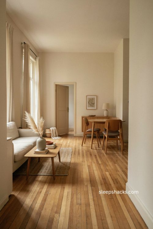 Small living room layout with slim sofa round dining table and clear walking paths 
