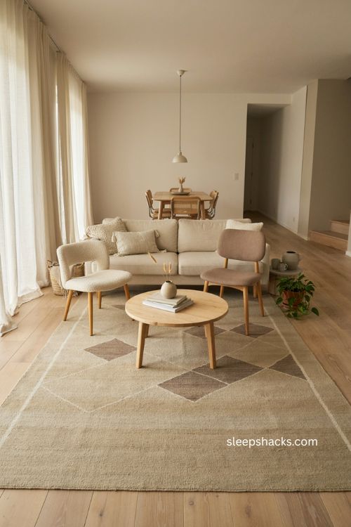 Small living room with large flat weave rug compact sofa and cozy neutral decor 