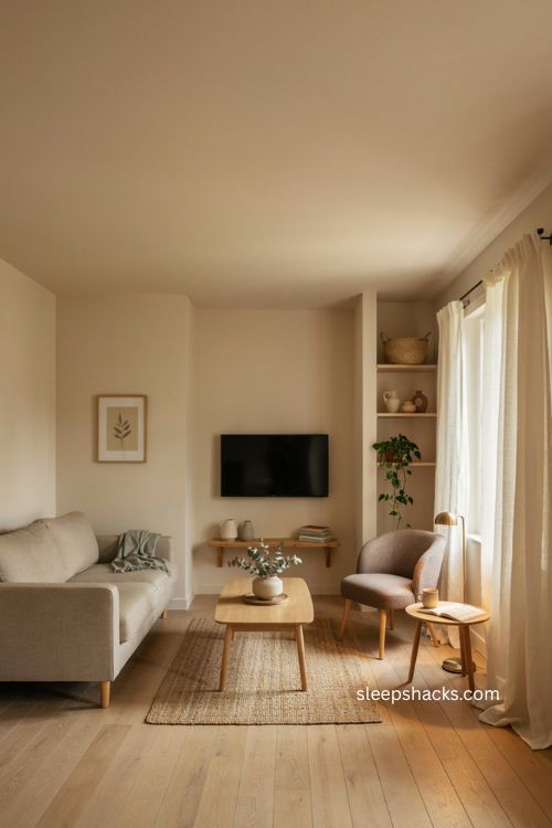 Small living room with lounge reading nook entertainment area and smart furniture layout 