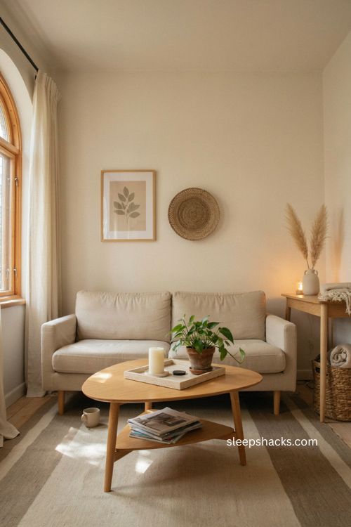 Small living room with round coffee table slim legs light wood and cozy neutral decor 