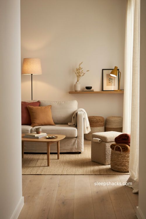 Small living room with storage ottoman woven poufs compact sofa and flexible seating 
