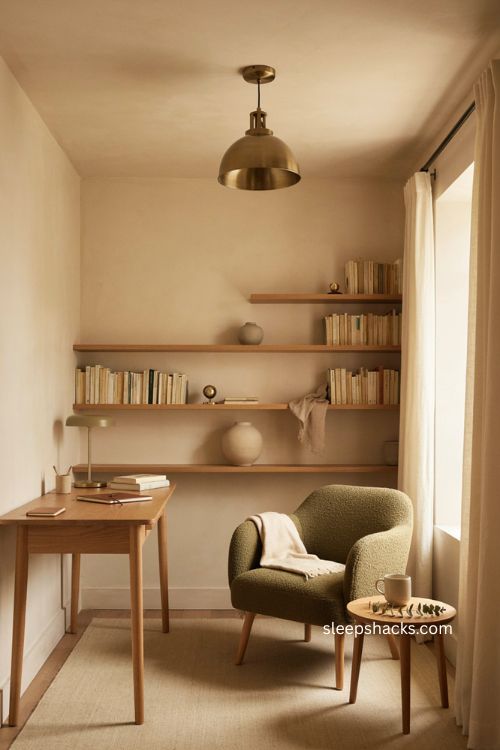 Small office decor with aged brass pendant light above reading chair