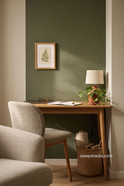 Small office decor with bold accent wall and stylish desk backdrop