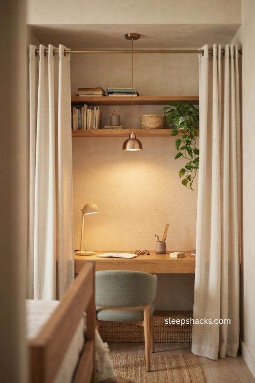 Small office decor with closet workspace and floating shelves