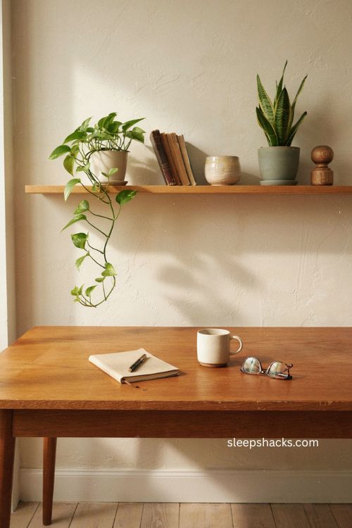 Small office decor with floating plant shelf above desk