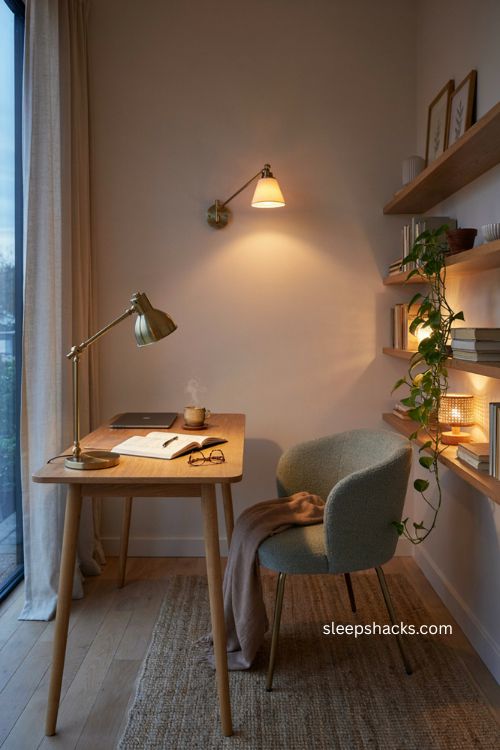 Small office decor with layered lighting and warm desk lamps