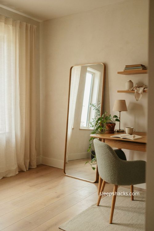 Small office decor with leaning floor mirror reflecting natural light