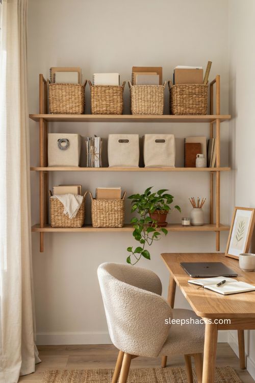 Small office decor with matching woven storage baskets and bins