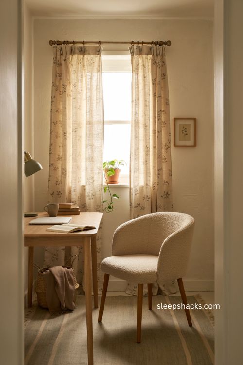 Small office decor with patterned linen curtains and filtered light