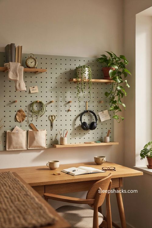 Small office decor with pegboard wall storage above desk
