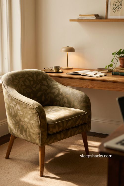 Small office decor with vintage statement chair and cozy desk