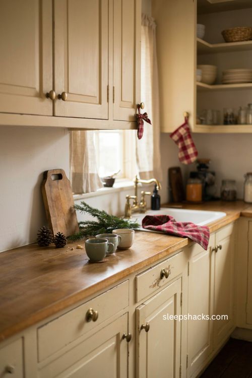 Small plaid Christmas accents on cozy farmhouse kitchen cabinets 