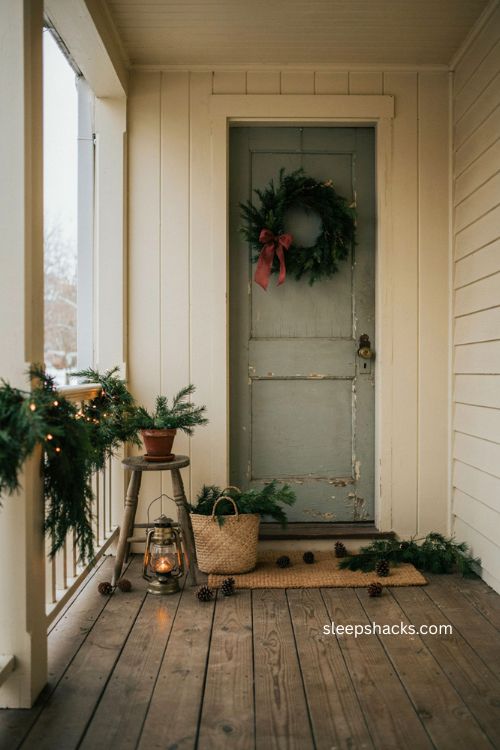 Small porch Christmas decor with asymmetrical greenery lights and rustic stool 