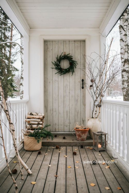 Small porch Christmas decor with birch logs branches and woodland style 