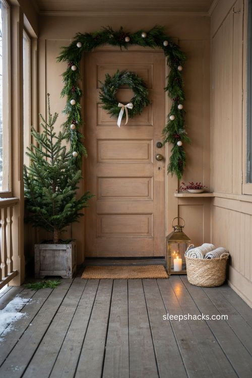 Small porch Christmas decor with cohesive traditional farmhouse style 