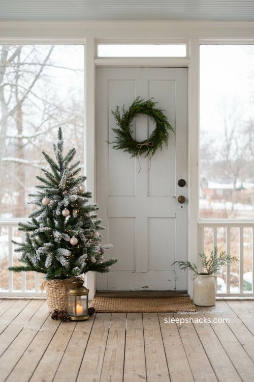 Small porch Christmas decor with flocked snow dusted tree and winter greenery 