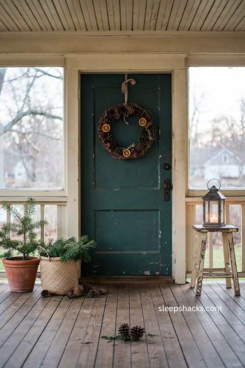 Small porch Christmas decor with handmade pinecone wreath dried orange and greenery 