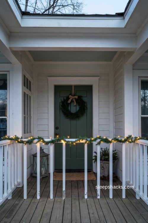 Small porch Christmas decor with warm white railing lights and greenery 