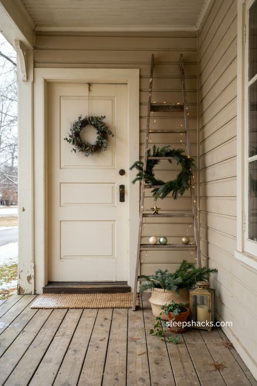 Small porch Christmas decor with wooden ladder garland and lights 