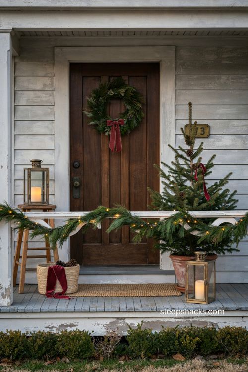 Small porch christmas decor ideas with cozy farmhouse entryway