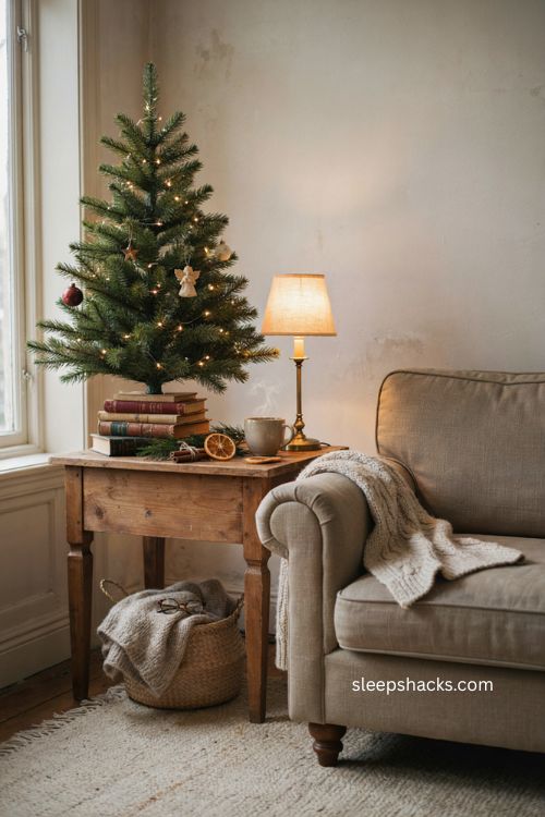 Small pre lit Christmas tree in cozy reading nook with books