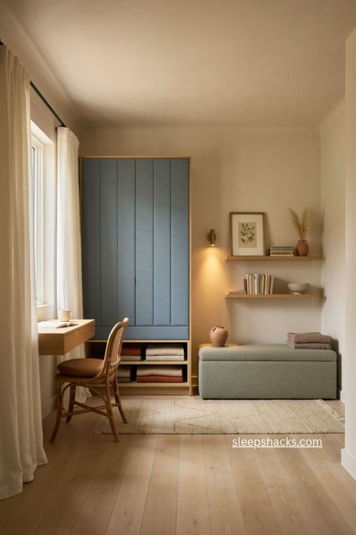 Small primary bedroom with stylish murphy bed multifunctional layout and cozy decor 