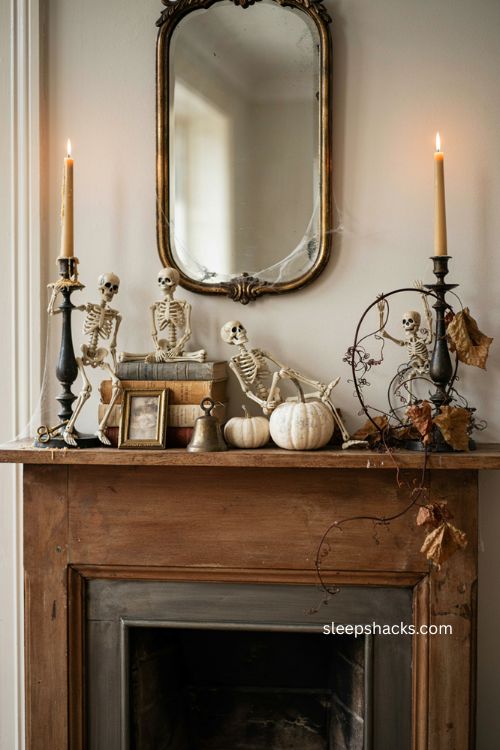 Small skeleton mantle decor ideas for a playful cozy Halloween display