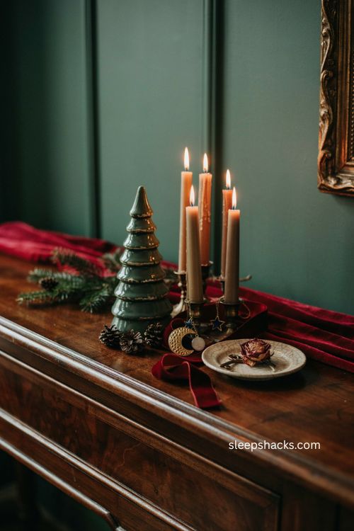 Small whimsigoth christmas corner with ceramic tree candles celestial ornaments and velvet ribbon
