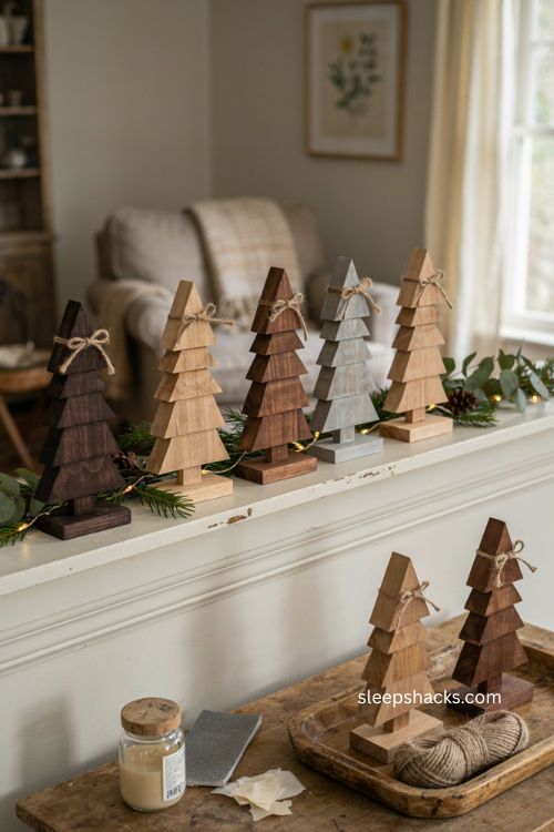Small wood block christmas trees with walnut and driftwood stains on a rustic mantel 
