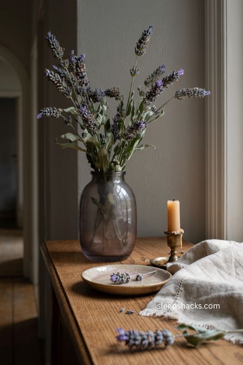 Smoky glass vase with dried lavender for minimalist Halloween decor