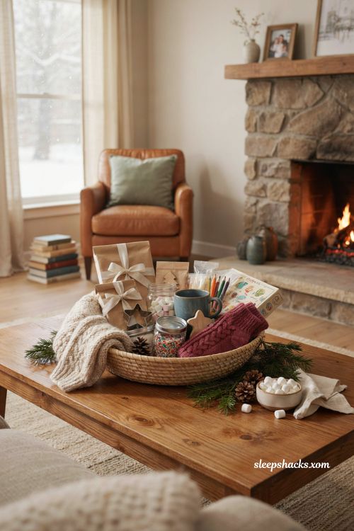 Snow day survival kit Christmas gift basket ideas with hot cocoa cookies games and crafts 