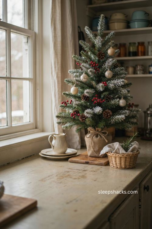 Snow flocked small Christmas tree with pinecones and red berries