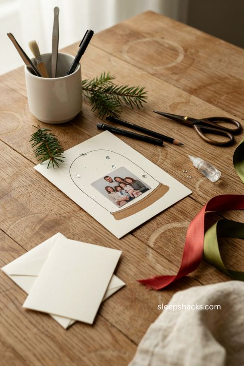 Snow globe photo Christmas card idea with sequins and family memory 