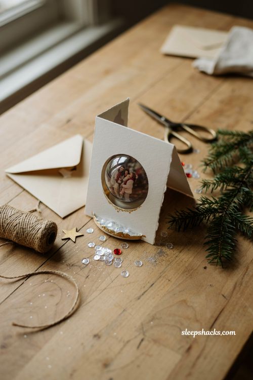 Snow globe photo Christmas card ideas with handmade sequin details
