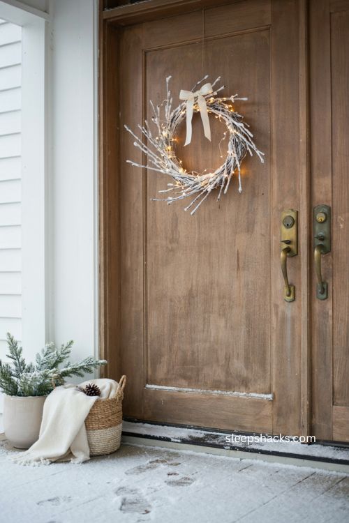 Snow tipped twig Christmas wreath with warm white lights and ribbon 
