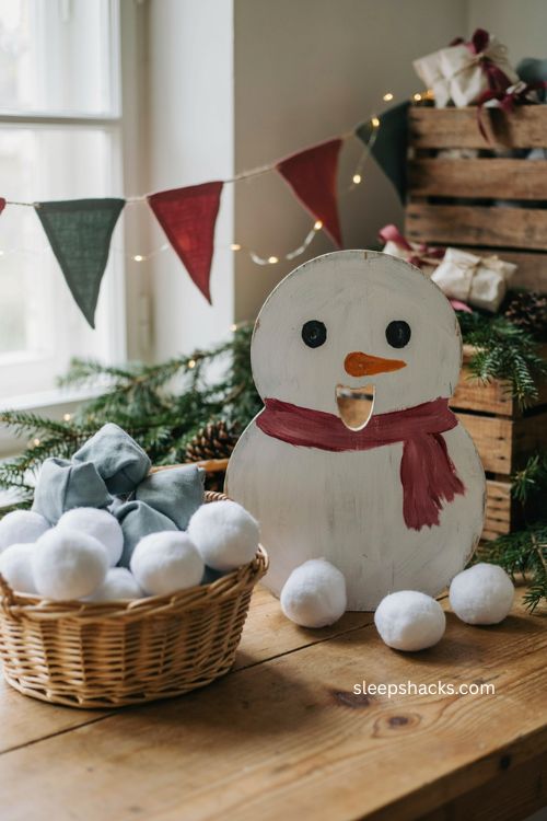 Snowball toss Christmas stall game with snowman target and prizes 