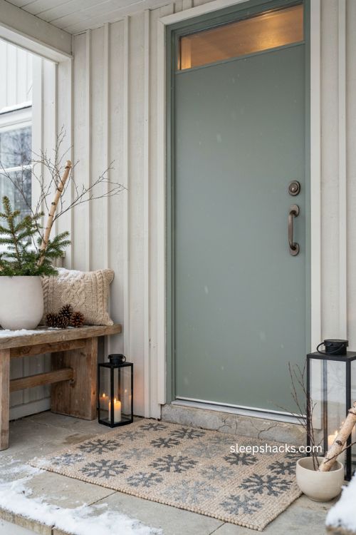 Snowflake Christmas doormat with neutral Scandinavian winter porch decor and cozy entryway 