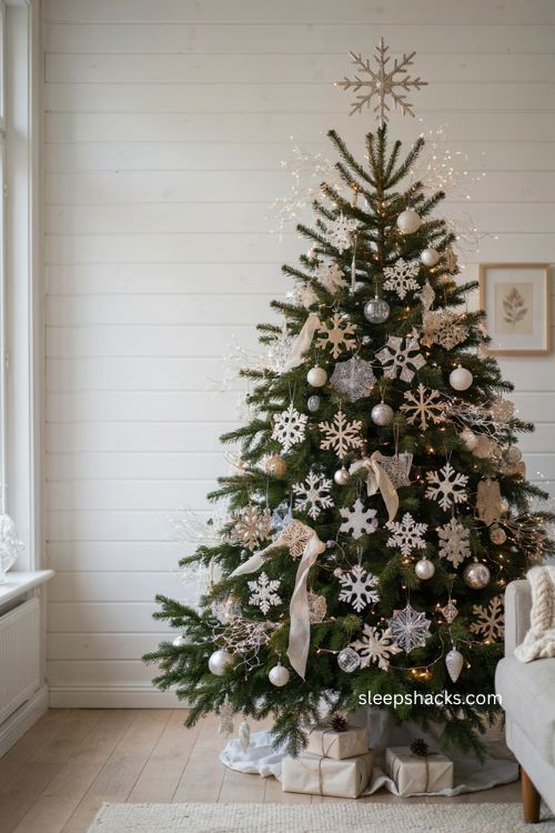 Snowflake Christmas tree with white silver ornaments and snowflake topper 