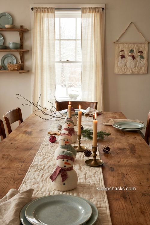 Snowman quartet winter table runner pattern with cozy farmhouse holiday decor