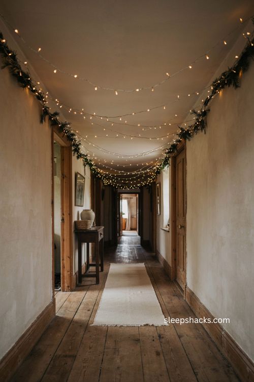 Soft Christmas light canopy across hallway ceiling 
