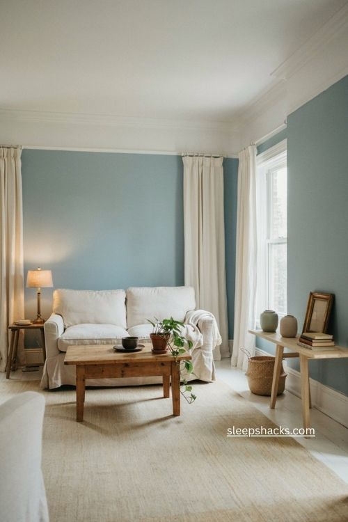 Soft Tiffany blue living room walls with crisp white trim and brass accents 