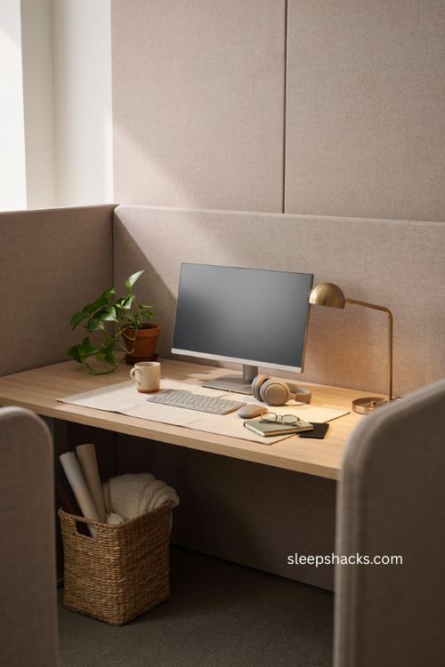 Soft ambient sounds setup with headphones for a cozy focused cubicle