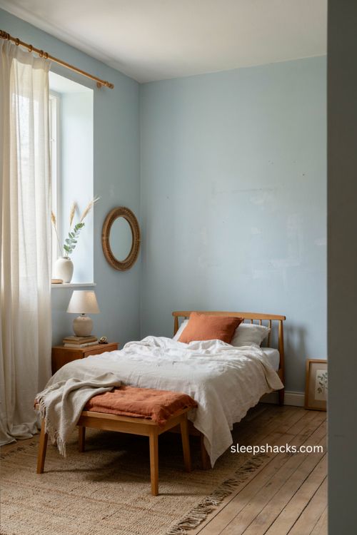 Soft blue bedroom with white bedding and subtle burnt orange accents 