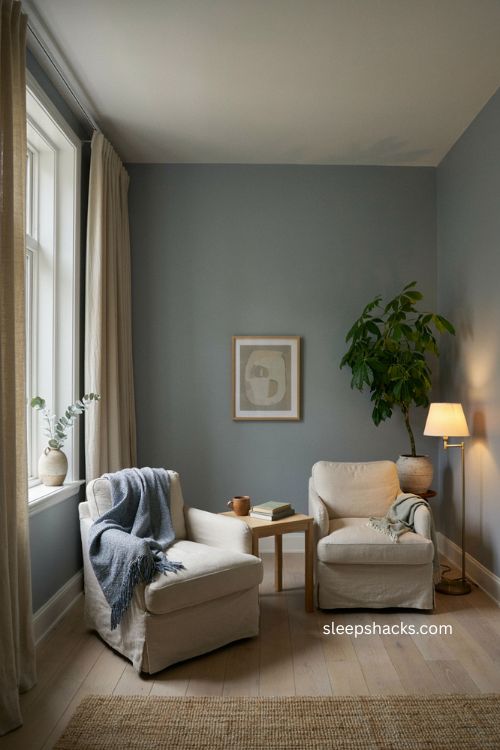 Soft blue therapy office walls with white trim linen curtains and calming natural decor 