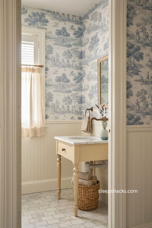 Soft blue toile wallpaper with white wainscoting in a timeless farmhouse bathroom 
